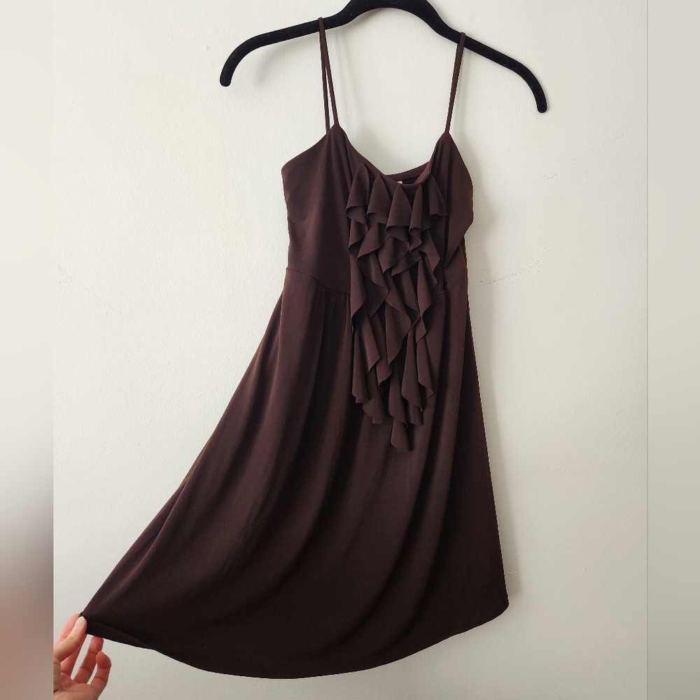 EUC Elegant Brown Ruffle Dress, Knee Lenght With straps